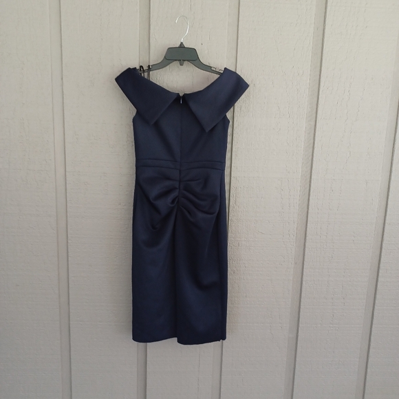 Xscape Cocktail Midi Dress Size 4 Ruffle Scuba Off the Shoulder In Midnight - Picture 3 of 16